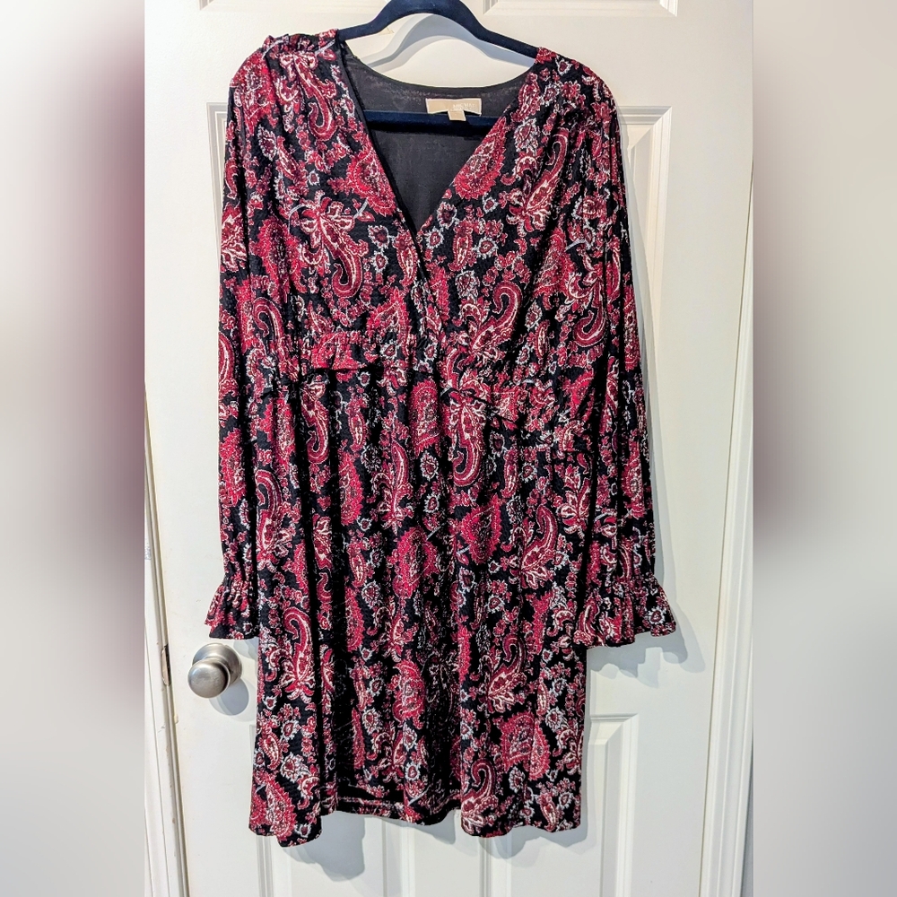 Michael Kors Black and Red Paisley Long Sleeve Dress